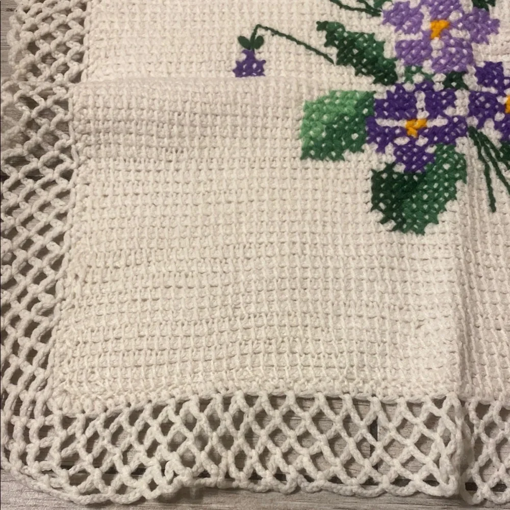 Handmade Cross-Stitch Doily with Purple Flowers Cottagecore Prairie